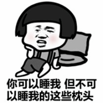 图片中是一个卡通小人形象，有着黑色短发和圆润的脸庞，脸颊微红，表情略带苦恼又透着坚定。小人双腿弯曲坐着，身后靠着一个灰色的枕头。图片底部配有文字：“你可以睡我 但不可以睡我的这些枕头”。通过将自己与枕头的优先级幽默对比，营造出搞笑又可爱的效果，展现了对枕头的极度珍视。