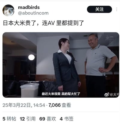这是一张类推特社交平台的截图，博主@madbirds发布内容调侃日本大米涨价的现象，称“日本大米贵了，连AV里都提到了”，并配上一段日本AV的画面截图。AV画面中，穿职业装的女性和中年男性在室内对话，字幕显示“最近大米很貴 真的幫大忙了”，用成人影片里的台词来侧面反映日本大米涨价已经成为渗透到各类内容中的社会话题，用这种接地气的特殊内容来调侃物价上涨的普遍性，带有搞笑调侃的意味。