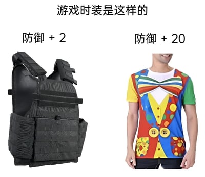 这张梗图通过左右对比的方式幽默展示了游戏时装的常见设定。左侧是看起来非常专业的黑色战术背心，却只标注了"防御 + 2"；右侧是色彩鲜艳、设计滑稽的小丑服装，反而标注了"防御 + 20"。图片上方配有文字"游戏时装是这样的"，生动吐槽了游戏中常出现的"外观与实用性成反比"的有趣现象。
