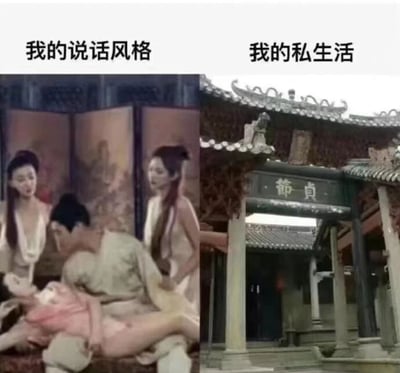 这是一张左右对比梗图，左侧上方文字为“我的说话风格”，配图是历史剧中人物互动的戏剧化场景（一男子与两名女子近距离接触，表情夸张）；右侧上方文字为“我的私生活”，配图是带有“贞节”牌匾的古朴中式建筑（屋顶有传统瓦当，门楣刻有“贞节”二字）。通过外放的公开表达风格与保守的私人生活形成强烈反差，幽默展现个人形象的双面性。