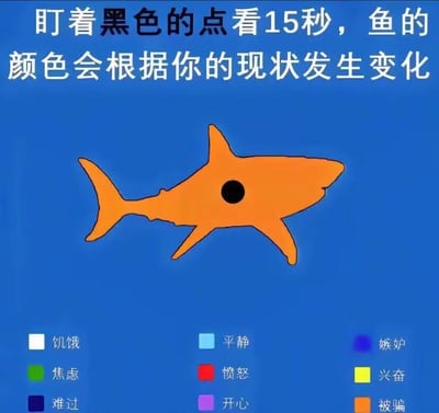 这是一张以视觉引导为核心的趣味互动图片，背景为纯蓝色，中央绘制了一条橙色鱼形图案，鱼身中央有一个黑色圆点。图片顶部用白色醒目文字提示“盯着黑色的点看15秒，鱼的颜色会根据你的现状发生变化”，引导用户进行视觉实验。底部排列着9个彩色方块，每个方块对应不同情绪或状态标签：白色（饥饿）、浅蓝色（平静）、紫色（嫉妒）、绿色（焦虑）、红色（愤怒）、黄色（兴奋）、深蓝色（难过）、粉色（开心）及橙色（被骗）。<br><br>实际上这是一个幽默恶作剧，因为鱼本身就是橙色，与最后一个“被骗”标签颜色一致，暗示无论用户如何观察，最终都会发现自己被视觉引导所捉弄。