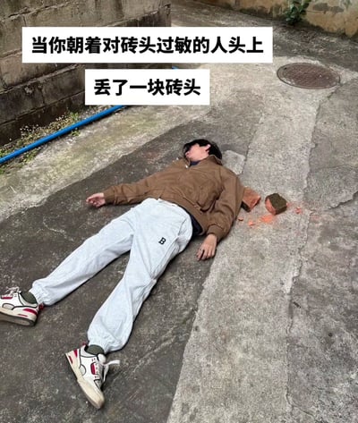 整张图是真人实拍的搞笑梗图，拍摄场景为室外老旧的水泥小巷路面，一名穿着棕色夹克、印有字母B的浅灰色运动裤、拼接运动鞋的年轻男子仰面平躺在地面上，双眼紧闭呈失去意识的状态，他的头部旁摆放着两块碎裂的红砖，砖块碎屑散落在周边。图的上方叠加了两行白底黑字的配文，内容为“当你朝着对砖头过敏的人头上 丢了一块砖头”，用违背常识的荒诞逻辑，将男子被砖头砸晕的实际后果强行解释为对砖头过敏的反应，以此制造反差笑点。