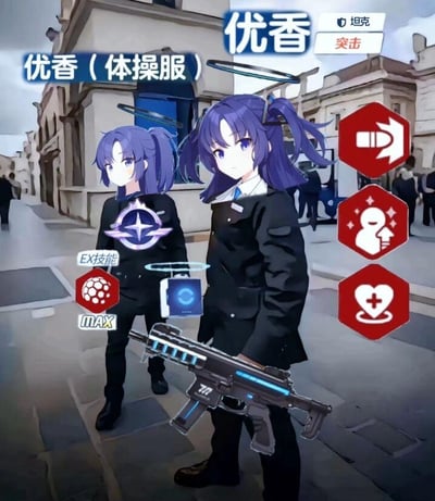 这是一张玩家自制的二次创作梗图，将手游《蔚蓝档案》中的角色优香的两种形态（常规形态与体操服形态）合成在现实街道背景中，同时添加了类似第三人称射击游戏的UI元素：右上角标注了优香的“坦克”“突击”定位标签，左侧有“EX技能 MAX”的标识，右侧设置了三个技能按钮，还给常规形态的优香配备了一把枪械，把原本学园题材游戏的角色套入射击游戏框架，通过角色定位与场景的反差制造趣味效果。