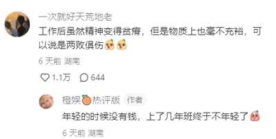 这是一张竖屏格式的社交媒体评论区截图，画面中呈现了两条关于打工人现状的扎心互动内容。一位网友留言吐槽，工作之后不仅精神层面变得匮乏，物质条件也没有得到改善，用“两败俱伤”形容这种处境，并搭配了委屈的表情；该评论获得了1.1万点赞和644条评论。随后账号为“橙娱🍊热评版”的博主回复了一句更戳人的自嘲：年轻的时候没有钱，工作几年后钱没赚到，却已经不再年轻了，搭配无奈的表情。内容精准击中当代打工人努力奋斗却无法获得相应回报，既耗费了青春又没积累下财富的心酸处境，容易引发同类群体的强烈共鸣。