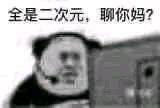 这是一张二次创作的熊猫头表情包，将真人愤怒的面部表情与熊猫的身体合成，图片上方配有文字“全是二次元，聊你妈？”，生动地表达了在充斥着二次元内容的场景中，发言者因无法融入、对内容不感兴趣而产生的烦躁、愤怒与不满情绪，用直白粗俗的语言宣泄内心的不悦，适合在社交平台上吐槽不合自己兴趣的话题场景。