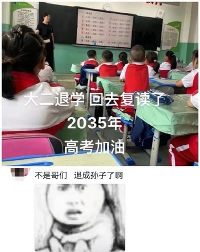 图片主体为一间小学教室，学生们穿着红白相间的校服坐在课桌前，前方有老师正在授课，投影屏幕上显示着教学内容。图片上方叠加文字：'大二退学 回去复读了 2035年 高考加油'，下方配有评论：'不是哥们 退成孙子了啊'，底部还有一张黑白儿童素描头像。通过夸张的年龄反差制造幽默效果，'退成孙子'一语双关，既指年龄倒退如孙子辈，又带有调侃意味。