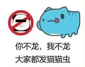 图片左侧为红色圆形禁止标志，内部覆盖一个模糊面部；右侧是一只蓝色的卡通“猫猫虫”形象，身体圆润，眼睛微眯，舌头伸出，表情开心。图片下方配有文字：“你不龙，我不龙 大家都发猫猫虫”。注：“龙”与“发”可能存在谐音梗，暗示呼吁大家不要发布特定内容（如“龙”相关），转而发布可爱的猫猫虫形象。