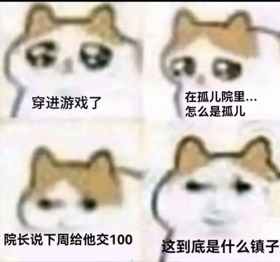 这是一张由四格流泪猫猫头（Mur猫）表情包组成的连环梗图，用递进的情绪和文字吐槽穿游戏/穿书类剧情的离谱：
1. 第一格猫猫带着期待的眼神，配文「穿进游戏了」，表现出对穿游戏的期待；
2. 第二格猫猫眼神疑惑，配文「在孤儿院里...怎么是孤儿」，期待落空，对开局身份感到不解；
3. 第三格猫猫眼神黯淡无奈，配文「院长说下周给他交100」，遭遇更离谱的要求，情绪转为无奈；
4. 第四格猫猫崩溃无语，配文「这到底是什么镇子」，层层叠加的离谱剧情让情绪彻底爆发，吐槽了这类作品中不合逻辑的坑人设定。