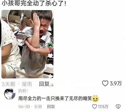 这是一张社交平台评论区截图，顶部配文为夸张调侃的文字“小孩哥完全动了杀心了！”，配图是一名小男孩正处于崩溃大哭的状态，一只手捂脸、一只手交叉抱臂，神情十分委屈。截图下方共有两条网友评论，一条发布于湖南、发布时间为3天前，内容为“的啊！”，获赞3.9万；另一条发布于安徽、发布时间为6月20日，内容为“用尽全力的一击只换来了无尽的嘲笑😊”，获赞17.5万。整体内容用夸张的文案搭配小男孩崩溃的神态，形成了强烈的搞笑效果。