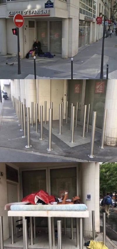 这是一组由三张纪实照片组成的连环图，展现了法国街头充满讽刺意味的真实场景：第一张图中，一名无家可归的人在法国储蓄银行（Caisse d'Epargne）门口的角落露宿；第二张图显示市政部门为阻止流浪汉在此区域露宿，安装了大量金属隔离桩，试图用物理空间占据的方式驱赶露宿者；第三张图里，这名流浪汉巧妙利用这些隔离桩作为支撑，在上面架起了一个简易床，躺在上面休息，甚至手持手机，仿佛在享受这个被自己改造后的“专属床位”。这组图既展现了底层民众应对管理措施的生存智慧，也讽刺了官方看似严谨却被轻松破解的治理手段。