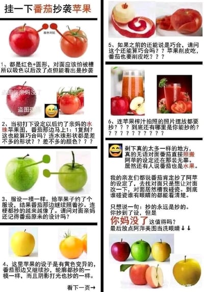 这是一张竖屏格式的图文混排对比图，核心内容是指责拟人化番茄的设定全方位抄袭拟人化苹果（阿苹）的设定。图片分为左右两部分，左侧通过6组对比图搭配文字逐一举证：1. 指出苹果与番茄初始设定均为红色圆形，番茄改色后仍能看出抄袭痕迹；2. 苹果带水珠的图片被番茄1:1复刻，水珠形状和颜色高度相似；3. 苹果的服设设定被番茄照搬，连相关的梗也抄袭得越来越像；4. 苹果的黄色变异设定，被番茄复刻了轮廓、阴影打光等细节；5. 苹果削皮吃的设定被番茄照搬；6. 苹果榨汁拍照的摆放构图也被番茄抄袭。右侧则是大段吐槽文字，表达发布者对抄袭行为的不满，称“抄的永远是抄的”，并表示自家亲友认为番茄肯定抄了苹果设定，自己只是想让对方修改，却被反咬碰瓷，最后还放出多张苹果美图作为“洗眼睛”的内容。