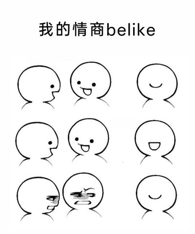 这是一张用来自嘲情商低的网络表情包，顶部配文“我的情商belike”，画面由三排共9个简笔画卡通小人组成。前两排的场景中，左侧的小人面无表情地看向中间开心大笑的小人，右侧的小人始终保持着微笑或大笑的友好表情，呈现出正常的社交回应状态；到第三排，左侧的小人皱眉咬牙、面露愤怒烦躁，中间的小人也皱眉眯眼、表情不满，而右侧的小人依旧维持着微笑的神态，生动地表现出自己在社交中，无法根据对方的情绪变化调整回应方式，只会用固定的友好表情应对，以此调侃自己情商不高、社交反应生硬的状态。