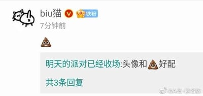 这是一张来自微博平台的社交媒体截图，展示了评论区的趣味互动内容。用户“biu猫”带有个人认证标识和铁粉标识，发布了一个带有眼睛的搞怪便便表情；下方有一条回复内容为“明天的派对已经收场:头像和💩好配”，调侃该用户的卡通头像与所发布的便便表情风格十分搭配，整体氛围轻松搞笑，是网友间的日常趣味调侃。