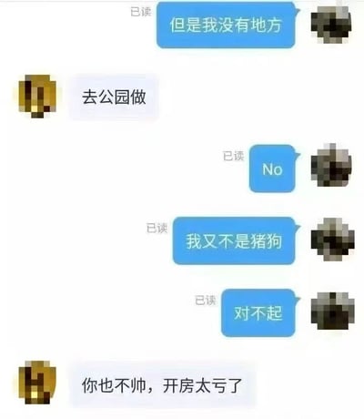 这是一张聊天记录截图，显示了两个人的对话内容。对话围绕着找地方展开，其中一方表示没有合适的地方，另一方建议去公园，被拒绝后双方进行了简短的交流，包含"我又不是猪狗"、"你也不帅，开房太亏了"等语句。对话中部分消息显示"已读"状态，双方头像均做了马赛克处理。