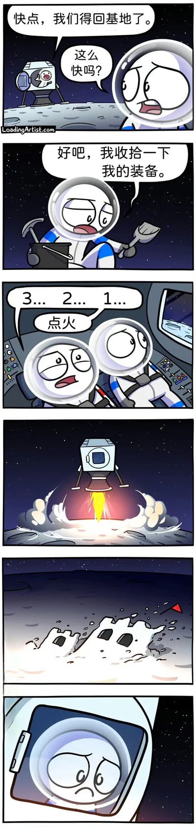 这是一组6格竖版卡通连环图，讲述了两名宇航员的搞笑乌龙事件。第一格中，宇航员A焦急地催促：“快点，我们得回基地了。”宇航员B疑惑地反问：“这么快吗？”背景可见小型太空基地结构。第二格，宇航员B无奈地表示：“好吧，我收拾一下我的装备。”并手持锤子、笔记本电脑和铲子。第三格，两人在太空船驾驶舱内，宇航员A进行倒计时：“3... 2... 1... 点火”，两人表情紧张。第四格，太空船底部喷射火焰，成功从地面起飞。第五格，展示太空船起飞后留下的场景：地面出现两个明显的地洞，旁边还有一面小旗帜。第六格，宇航员从太空船窗口向外望，脸上露出担忧的表情，暗示可能因匆忙收拾装备而留下了什么问题。