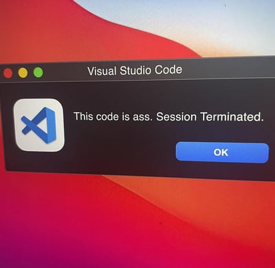 这是一张 Visual Studio Code (VS Code) 编辑器的截图，显示了一个虚构的搞笑错误提示窗口。窗口中央有 VS Code 的蓝色图标，旁边文字写着“This code is ass. Session Terminated.”（这段代码太烂了。会话已终止。），右下角有一个蓝色的“OK”按钮。背景是渐变的红色和橙色桌面壁纸。这张图片通过模仿真实的错误提示框，用幽默的方式表达了程序员对自己或他人编写的糟糕代码的自嘲。