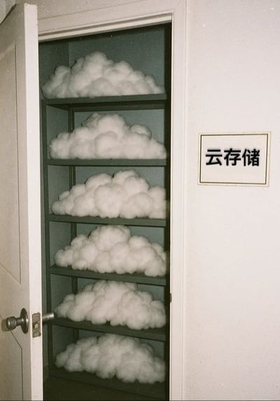 这是一张非常有创意和幽默感的梗图，画面是一间打开的储物柜，柜子里分层摆放着一团团如同“云朵”一样的白色棉花，柜门外贴着“云存储”字样的标签。该图片用了谐音和双关手法，把互联网中的“云存储”概念，以一种字面上的方式表达出来，仿佛真的把云朵储存在柜子里。图片轻松诙谐，带强烈的脑洞和创意，适合做科技/IT相关的段子或朋友圈玩梗。

梗点：以物理储藏方式直译“云存储”同时具谐音趣味。