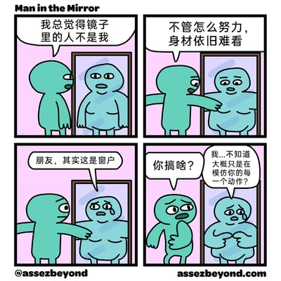这是一则四格连环卡通漫画，英文标题为《Man in the Mirror》（镜中人）。故事开篇，瘦绿色小人将面前的窗户误认为镜子，对着“镜子”抱怨“镜中人”和自己不像，还吐槽不管怎么努力身材依旧难看；随后他反应过来这是窗户，便对窗户里的胖蓝色小人说“朋友，其实这是窗户”，此时胖蓝色小人委屈流泪；最后瘦绿色小人疑惑地问“你搞啥？”，胖蓝色小人慌张地解释自己只是在模仿对方的每一个动作。漫画通过认错窗户当镜子的误会，结合模仿动作的荒诞设定，制造出既尴尬又好笑的社死场景，用简单的卡通形象和反转剧情传递出日常小误会带来的搞笑效果。