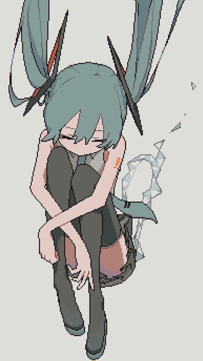 一张像素风格的动漫插画，描绘了一位蓝发双马尾少女抱膝而坐的场景。少女有着标志性的蓝色长发，梳成两侧高马尾，发梢带有黑色和红色的装饰。她双目轻闭，身体微微前倾，双臂环抱膝盖，呈现出一种安静沉思的姿态。少女穿着黑色长筒袜和深色短裙，右臂上有一个红色标记。画面右侧有一个类似破碎水晶或冰块的透明物体。整体色调以蓝灰色为主，背景为简洁的浅灰色，突出主体人物。