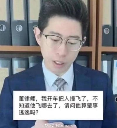图片中一位穿着西装、戴着眼镜的男子（被称为董律师）站在文件柜前，面前出现一段离谱的法律咨询文字：“董律师，我开车把人撞飞了，不知道他飞哪去了，请问他算肇事逃逸吗？”。通过荒诞的问题与律师的严肃形象形成反差，制造出幽默搞笑的效果。