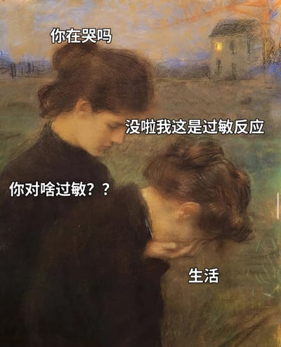 图片改编自一幅古典油画，画面中有两位身着深色服饰的女性，背景是带有房屋的乡村黄昏场景，色调柔和朦胧。左侧女性俯身关切地询问，右侧女性低头用手捂嘴，似在哭泣。图中叠加四行白色文字形成对话：“你在哭吗”“没啦我这是过敏反应”“你对啥过敏？？”“生活”，通过将悲伤情绪幽默化为“对生活过敏”，形成对生活压力的调侃与共鸣。