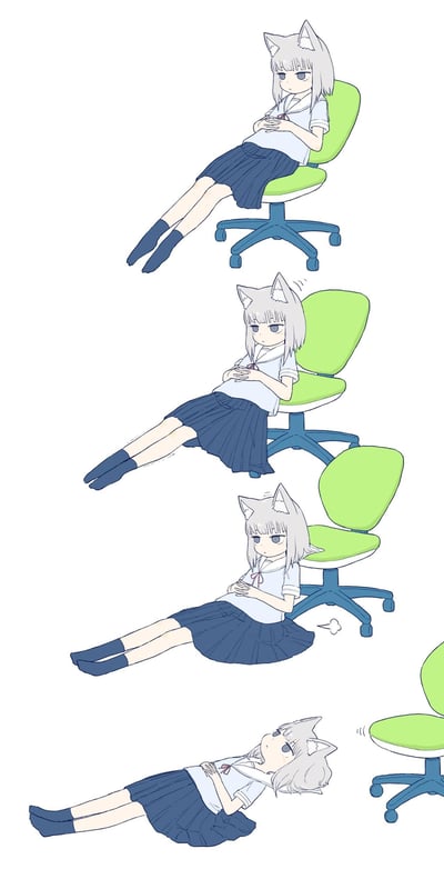 这是一组竖版连环卡通图，描绘了穿着水手服的猫耳JK少女瘫在办公椅上，随着椅子滑动，少女逐渐从椅面上滑落，最终整个人平躺到地面，办公椅也滑到了一旁。全程少女都保持着面无表情的冷漠状态，用画面传递出一种慵懒、疲惫、摆烂的情绪，没有任何文字对白，靠动作和场景来表现状态。