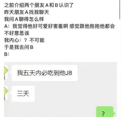 这张图片展示了一个关于介绍朋友后产生的有趣认知差异的故事。叙述者介绍了朋友A和B认识，当询问A对B的印象时，A描述B为"好可爱好害羞"，让叙述者感到惊讶。随后叙述者去询问B，却看到B发送的极具反差的消息："我五天内必吃到他J8"，随后又改口为"三天"，最后以叙述者的问号表情结束。这种A对B的纯良印象与B的实际想法形成鲜明对比，产生了幽默效果。