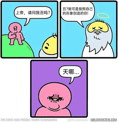三格连环漫画，粉色小人站在绿色山丘上双手合十问上帝：'上帝，请问我丑吗？'；上帝（白胡子、黄脸、带光环）回应：'丑?我可是按照自己的形象创造的你!'；最后粉色小人在紫色背景下震惊道：'天哪...'。通过上帝按自己形象造人却被质疑丑陋的对话制造幽默，暗示上帝本身也可能不完美，引发角色震惊反应。
