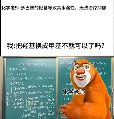 该图为图文结合的网络梗图，上方分为两段对话文字：第一段为化学老师表述“多巴胺的羟基导致其水溶性，无法治疗抑郁”，第二段为学生提问“把羟基换成甲基不就可以了吗？”；下方配图将国产动画《熊出没》中的角色熊大P成化学老师，站在写满有机化学知识点板书的黑板前，表情微妙。该梗的笑点在于将多巴胺的羟基替换为甲基后得到的物质是违禁毒品冰毒，看似合理的化学改动实际非常离谱，刚好对应图中化学老师哭笑不得的反应。