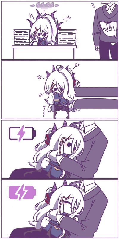 这是一则粉丝创作的《蔚蓝档案》同人四格连环漫画，采用统一的紫调单风格绘制：
1. 第一格：游戏角色空崎日奈被堆积如山的文件包围，头顶出现电量不足的标识，神情疲惫不堪，一旁的人物注视着她；
2. 第二格：日奈彻底耗尽力气，从座位上脱力滑落，状态萎靡；
3. 第三格：日奈被身旁的人抱在怀里，画面出现正在充电的电池图标，她的神情逐渐放松；
4. 第四格：电池图标显示电量完全充满，日奈一脸满足地依偎在对方怀中，彻底恢复了活力。
漫画用拟人化的「充电」设定，传递出疲惫时被陪伴、拥抱就能恢复精神的治愈感，没有双关、谐音梗等内容。