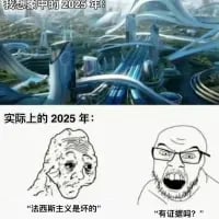 这是一张上下结构的对比梗图，上半部分展示了AI生成的充满未来感的科幻都市景观，配文“我想象中的2025年：”，呈现出人们对近未来科技发达、城市极具科幻感的美好憧憬；下半部分则是两张经典的Wojak系列表情包，左侧是面容沧桑、神情悲伤的老者角色，配文“‘法西斯主义是坏的’”，右侧是愤怒皱眉、情绪激动的光头角色，配文“‘有证据吗？’”。整张图通过想象中科幻未来与现实中无意义抬杠的强烈反差，讽刺了现实和预期的落差，以及当下网络中盛行的抬杠文化，充满搞笑与无奈的讽刺意味。