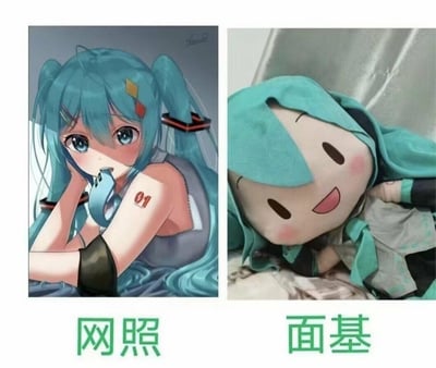 这是一张左右对比的梗图，左侧是画师绘制的精致初音未来同人插画，蓝发蓝眼的美少女手肘撑着，手托脸颊，咬着领带，神态羞涩可爱；右侧是官方推出的初音未来fufu毛绒玩偶，形象圆润憨厚，躺卧着露出开心的表情。下方分别配文「网照」和「面基」，用二次元角色的“理想形象”和现实周边的“接地气形象”，调侃线上社交时的“照骗”和线下见面的“现实落差”，充满反差萌的搞笑感。