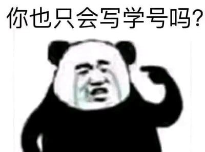这是一张经过P图改编的静态单图表情包，属于顶配底文图类型。图中是经典熊猫头搭配人类崩溃大哭的脸部形象，脸上挂着明显泪痕，一只手抬起放在头部一侧，神情委屈又窘迫。图片上方配有文字“你也只会写学号吗？”，这句话是学生群体的自嘲式吐槽，通常用来形容在考试时完全不会答题，整张试卷只能写下自己学号的窘迫处境，精准戳中了学生面对学业难题时的无力感，容易引发学生群体的共鸣，常被用于社交聊天中吐槽学业相关的困境。