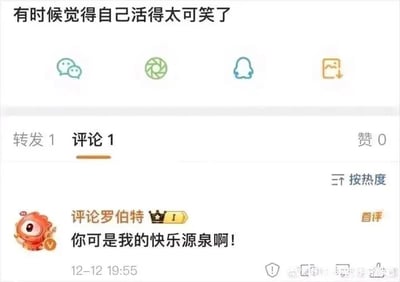这是一张微博平台的社交媒体截图，展示了一条用户动态及其评论区内容。顶部是用户发布的动态内容：“有时候觉得自己活得太可笑了”，传递出自我调侃的低落情绪，动态下方带有微信、朋友圈、QQ、保存图片四个分享/保存功能图标，动态数据显示转发1次、评论1条、获赞0次。切换到评论区后，可见名为“评论罗伯特”的用户（带有皇冠标识和橙色认证，头像是红色卡通大眼形象）发布了自评：“你可是我的快乐源泉啊！”，评论时间为12-12 19:55。整体内容形成了发布者自我否定的自嘲，与评论中肯定、温暖的回应之间的反差，既体现了发布者的情绪表达，也通过自评的方式完成了自我安慰，带有一种治愈感。