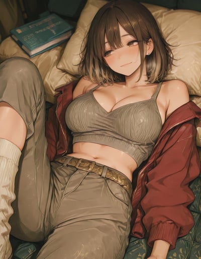这是一张AI生成的二次元风格插画，画面里一位留着渐变棕短发的女孩正慵懒地躺靠在柔软的沙发靠垫上。她身着灰色吊带上衣与休闲长裤，外搭一件酒红色外套，脸颊泛着红晕，脸上带着羞涩温柔的笑意，姿态放松惬意。背景中还能看到一本放置在旁的书籍，整体氛围温馨治愈，传递出居家时刻的松弛感。