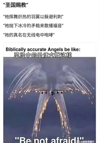 这是一张反差玩梗图，上方用充满宗教神圣感的文字描述：“圣国赐教”“祂挥舞炽热的羽翼以躲避利刺”“祂抛下冰冷的矛戟来散播福音”“祂的真名在无线电中咆哮”，紧接着配文“圣经中的天使大概这样”，下方是一架正在释放红外干扰弹的军用运输机，干扰弹在空中形成的轨迹如同天使的巨大羽翼，再配上英文“Be not afraid!”（别害怕）。
梗点说明：颠覆了大众认知中柔美人形天使的形象，用军机释放干扰弹的硬核军事场景，对应圣经原文里怪异、充满压迫感的“准确天使”设定，同时把军事设备的运作用宗教化的华丽语言包装，形成强烈的荒诞反差感，制造搞笑效果。
