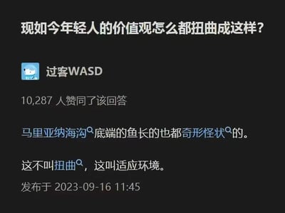 这是一张社交媒体评论截图，展示了关于年轻人价值观的讨论。上方文字为质疑'现如今年轻人的价值观怎么都扭曲成这样？'，用户'过客WASD'发布的评论获得10,287人赞同。下方回复以'马里亚纳海沟底端的鱼长的也都奇形怪状的'为比喻，指出'这不叫扭曲，这叫适应环境'，用自然现象类比社会适应，理性反驳质疑观点。