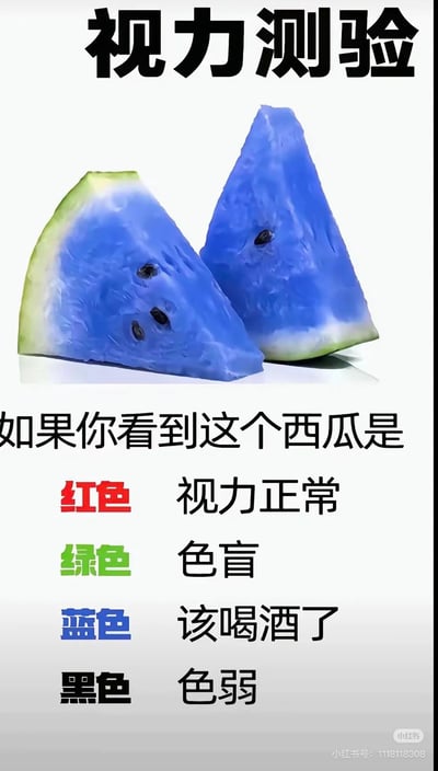 这是一张恶搞类的趣味视力测试图，画面上方是“视力测验”字样，主体是两块被修改成蓝色果肉的西瓜切片，下方配有恶搞的测试结果文字：看到西瓜是红色代表视力正常，绿色是色盲，蓝色是该喝酒了，黑色是色弱。这张图没有真实的视力测试依据，纯属通过反常识的蓝色西瓜和搞笑结论来玩梗，用于社交平台的趣味互动。