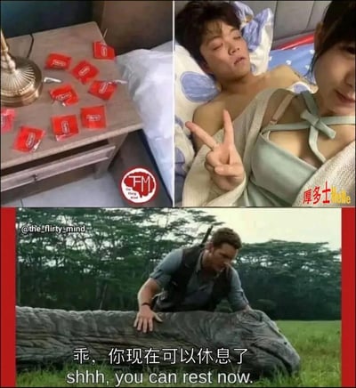 这是一张三格拼贴梗图。第一格是一张床头柜，上面堆放了用过的安全套包装。第二格是一对男女躺在床上，女性比出胜利手势。第三格引用了侏罗纪世界电影的经典场景，字幕为“乖，你现在可以休息了”。整体充满调侃意味，采用电影台词对照第一、二格“激烈运动”后的结果，形成幽默对比。双关在于，将“可以休息了”用在房事后，借用电影安慰恐龙的情境，带来戏剧反差。