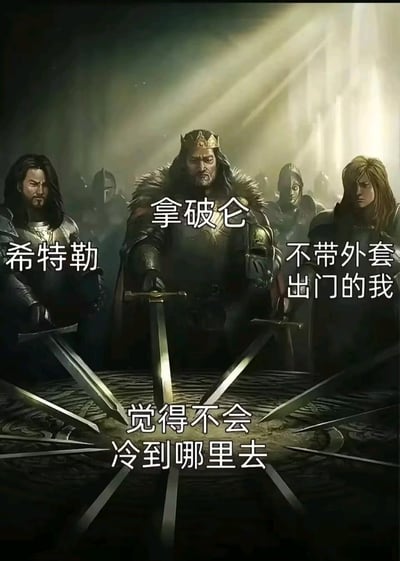 图片采用中世纪风格的场景，中央是一位戴着皇冠、身披毛皮斗篷的国王形象（标注为拿破仑），左右两侧各站着一位手持宝剑的人物（左侧标注为希特勒，右侧标注为"不带外套出门的我"）。所有人物都表情严肃，宝剑指向下方的圆形图案。底部文字写着"觉得不会冷到哪里去"。通过将日常忘记带外套的小事与历史人物的严肃场景对比，制造幽默效果。