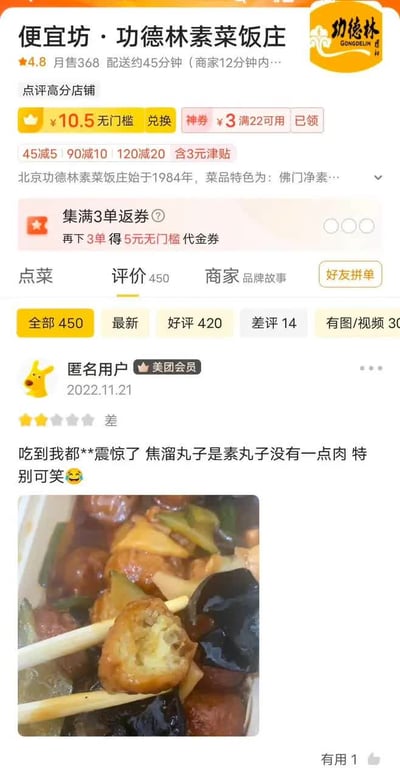 这是一张美团外卖商家页面的截图，展示的是老字号素食餐厅“便宜坊·功德林素菜饭庄”的用户评价区内容。商家页面明确标注该店为素菜饭庄，主营佛门净素菜品，评分4.8分，月售368单，还标注有各类满减优惠信息。截图内选中了评价标签，可见一条2022年11月21日由匿名美团会员发布的两星差评，用户吐槽自己点的焦溜丸子是素丸子没有一点肉，感到十分震惊，还附带了实拍的菜品图，图中可见筷子夹着素丸子，搭配有黄瓜、木耳等素菜。该评价的笑点在于用户在明确标注的素菜馆消费，却因菜品为素食没有肉给出差评，认知错位形成强烈的荒诞搞笑效果。
