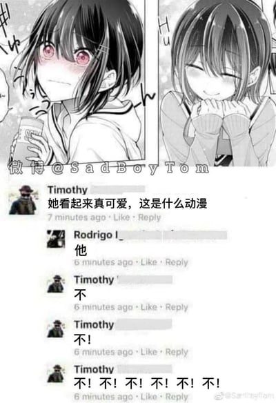这是一张图文混排的搞笑梗图，上方是两张动漫角色截图，展示了《更衣人偶坠入爱河》里男主五条新菜女装时害羞持杯、捂嘴甜笑的可爱模样；下方是类似Facebook的社交平台评论区截图：用户Timothy看到图后评论“她看起来真可爱，这是什么动漫”，另一位用户Rodrigo回复“他”，点破角色是男性，随后Timothy连续多次回复“不”“不！”“不！不！不！不！不！不！”，表现出发现自己认错性别后的震惊和不愿接受的情绪，通过性别认知的反差制造出搞笑的社死效果。