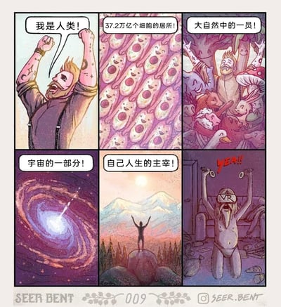 这是一幅六格连环漫画，通过层层递进的自我认知和最后的反差制造幽默效果：第一格中，留着胡子的卡通男子高举双拳，激昂地喊出“我是人类！”；第二格展示了带着笑脸的细胞群，配文“37.2万亿个细胞的居所！”，将自我认知细化到身体层面；第三格中该男子被各种动植物围绕，喊出“大自然中的一员！”，强调自身在自然中的定位；第四格呈现了螺旋星系的宇宙图景，配文“宇宙的一部分！”，将自我认知上升到宇宙维度；第五格中男子站在雪山前的岩石上，张开双臂喊出“自己人生的主宰！”，凸显对人生掌控的自我认知；第六格则是强烈反差，男子戴着VR眼镜，身处堆满杂物的脏乱房间里，举着饮料罐兴奋地喊着“YEA!!”，展现出其现实中沉迷虚拟、生活颓废的状态，和前面宏大的自我认知形成鲜明对比。