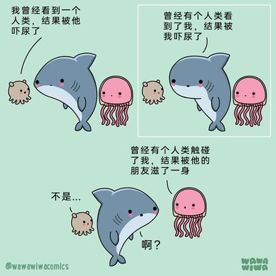 这是一幅由三格组成的连环卡通漫画，画面里是三个Q版可爱的海洋生物：小章鱼、鲨鱼和水母。第一格中小章鱼向鲨鱼讲述自己看到人类后被吓得尿了；第二格中鲨鱼反向回应自己吓到了人类，让对方尿了；第三格中水母接着说有人类触碰自己后被朋友滋了一身，小章鱼急忙开口想要解释，鲨鱼则露出疑惑的表情。漫画通过角色间的对话制造乌龙误解，将“吓尿”的表述和人类朋友的尿液滋身事件关联，形成冷幽默的搞笑效果，整体风格软萌可爱。