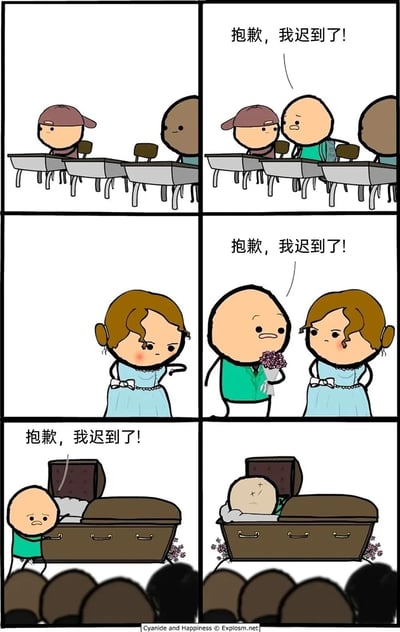 这是来自《氰化欢乐秀》的连环卡通漫画，共分为三组六格画面，依次呈现了同一个绿衣服光头卡通角色的三次迟到场景：第一组是在教室中，他走进来对着同学道歉“抱歉，我迟到了！”；第二组是在自己的婚礼现场，他拿着花束走到满脸不悦的新娘面前，重复同样的道歉台词；第三组是在他自己的葬礼上，他作为死者从棺材里推开盖子出来，依旧说着“抱歉，我迟到了！”，随后躺回棺材，脸上已经是死亡的十字标记。漫画通过将“迟到”这个日常行为不断推向极端场景，用荒诞的递进式情节制造出强烈的黑色幽默效果，讽刺了习惯性迟到的行为，同时以不合常理的极端设定带来爆笑的喜剧感。