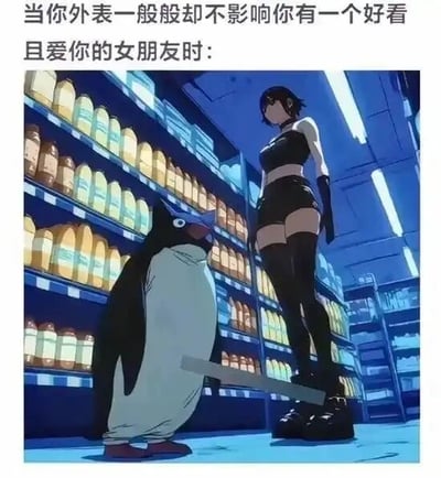 这是一张文字加注的静态梗图，顶部配有文字“当你外表一般般却不影响你有一个好看且爱你的女朋友时：”，图中呈现超市货架场景，左侧是一只外形普通的企鹅，右侧是一位穿着黑色短上衣、短裤与过膝长袜的飒爽漂亮女性。画面存在视觉错觉，货架的层板恰好位于企鹅翅膀与女性腿部之间，看起来像是企鹅拿着长条物品对着女性腿部，营造出荒诞的反差感。这张图用幽默的画面调侃自身外表普通却拥有优秀伴侣的情况，带有自嘲又暗含炫耀的趣味，契合网络上表达恋爱“幸运感”的情绪。
