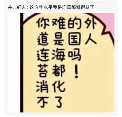 这是一张吐槽拙劣嵌字水平的搞笑梗图，顶部是用户“并非好人”的评论：“这嵌字水平我是连骂都懒得骂了”，下方是带有黄色对白气泡的卡通图。气泡内的文字被强行竖排嵌字，原本想要表达的“外国人难道是海苔都消化不了吗！”被排得混乱不堪，语句完全不通顺，这种糟糕的排版反而制造出荒诞的笑点，凸显了嵌字水平的低下。