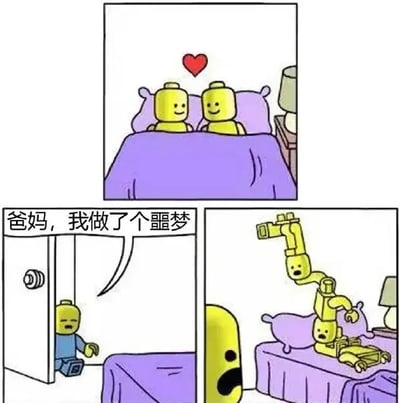 这是一幅三格连环漫画，主角为乐高风格的黄色小人。第一格中，两个黄色乐高小人面带微笑躺在床上，上方有一颗红色爱心，背景有紫色床铺和台灯。第二格中，一个穿蓝色衣服的小乐高小人站在门口，对话框中写着“爸妈，我做了个噩梦”，表情看起来有些害怕。第三格则展示了床上的场景：原本的两个小人已被拆解，肢体、头部散落在床上，其中一个头还倒立着，小乐高小人在床边露出惊恐的表情。漫画通过乐高积木可拆卸的特性制造幽默效果，孩子的“噩梦”正是父母被拆解的夸张画面。