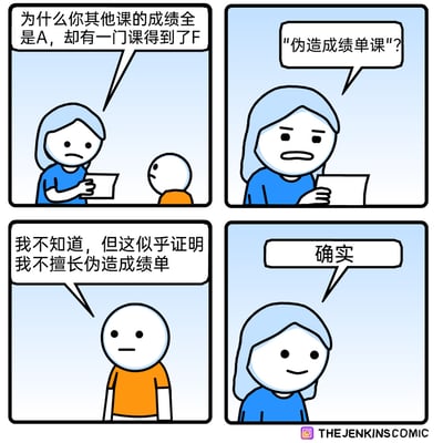 这是一幅四格连环卡通漫画，围绕亲子间的成绩单对话展开：第一格中，蓝衣服家长手持成绩单，满脸疑惑地询问橙衣服孩子，为何其他科目成绩都是A，唯独一门课拿到了F；第二格中，家长脑洞大开，猜测这门得F的课程是“伪造成绩单课”；第三格中，孩子面无表情地回应，自己不清楚原因，但这个F恰好证明了自己不擅长伪造成绩单；第四格中，家长认可了孩子的逻辑，露出了微笑。漫画通过这种错位、反讽的逻辑制造出强烈的搞笑效果，调侃了孩子可能试图伪造成绩单却弄巧成拙的行为。