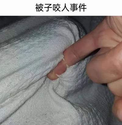 这是一张利用视觉错位创意摆拍的趣味静态图片，图片上方配有文字“被子咬人事件”，拍摄者将手指放置在被子的褶皱缝隙之间，从视觉上看起来仿佛被子“咬住”了手指，通过拟人化的搞笑设定和简单的视觉错觉手法，制造出荒诞又有趣的场景，属于日常娱乐向的恶搞内容，用来传递轻松幽默的氛围。
